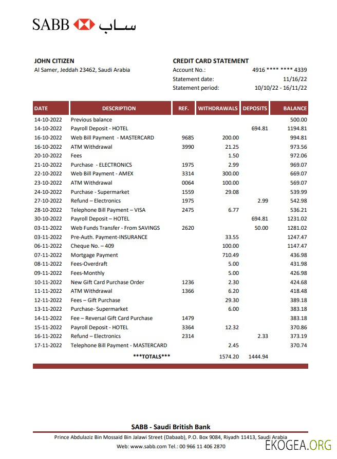 Relevé bancaire SABB d'Arabie Saoudite xls